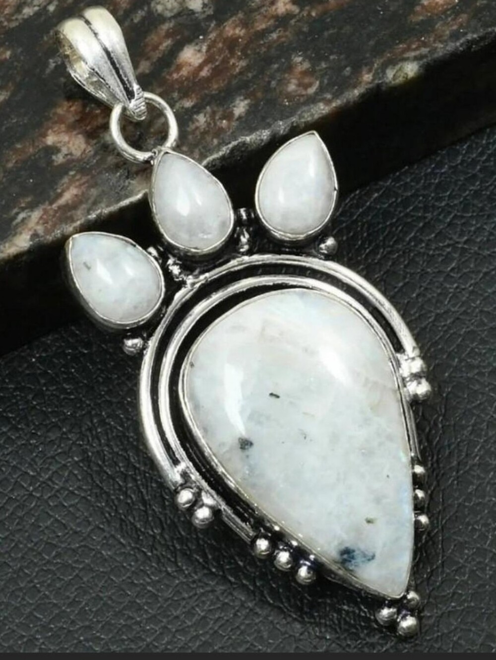 NEW🌙Large Moonstone Pendant 925 Sterling Silver Triple Moonstone Crown FLASHY